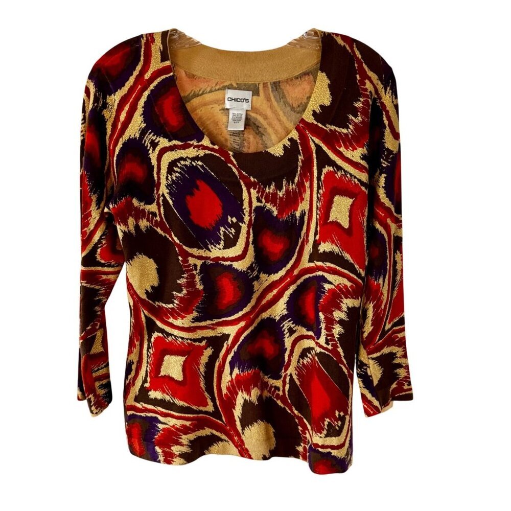 Chicos Multicolor Abstract Pattern 3/4 Sleeve Womens Knit Top Chicos Size 0 US 4